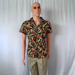 Dangerfield Hawaiian Floral Shirt Black Tropical Button Up Cotton Size